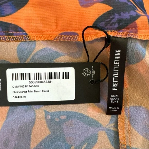 PRETTYLITTLETHING Plus Orange Print Beach Flare Pants ie 16 NWT - Picture 7 of 7